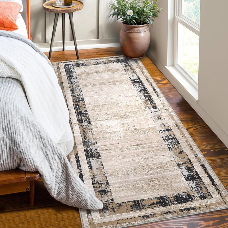 Washable Modern Distressed Edge Thin Indoor Rug, Low Pile Area Rug with Stain Resistant Surface, Non Slip Backing & Easy Clean for Living Room, Bedroom, Home Office, Entryway