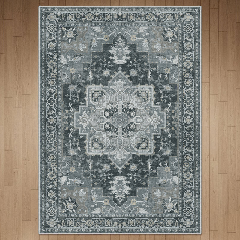 Roehit Oriental Performance Machine Washable Area Rug, Rectangle 5' x 7', Black/White