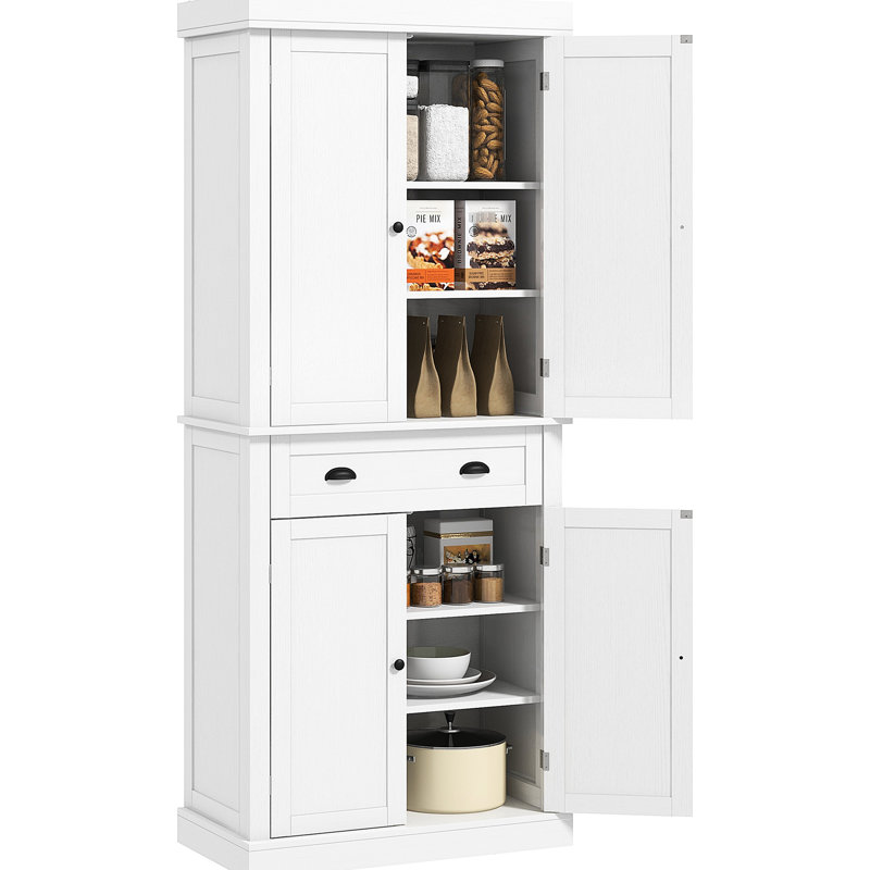 Garde-manger autoportant de 72,5 po avec 4 portes, un tiroir et 3 tablettes réglables dans une armoire à finition grain de bois blanc, blanc et pour divers articles. Pièce de style traditionnel. Capacité de tablette de 22 lb