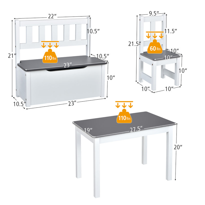 Ensemble de table et de jeu rectangulaire pour enfants 4 pièces Deundrea, Gris