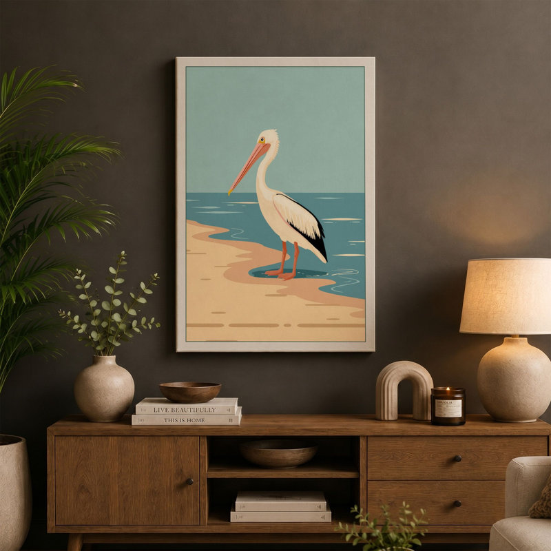 Pelican at Rest Coastal - Wrapped Canvas, 36x24 - 91.4 x 61.0 cm, Cream Border