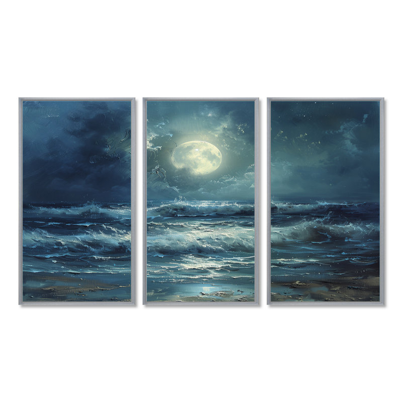 Ensemble de décorations murales vagues blanches et bleues, Toile argentée avec cadre flottant, H 40 po x l 60 po x P 1 po