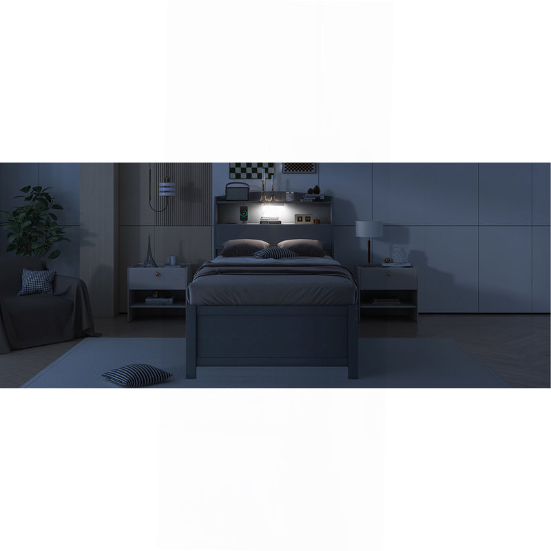 Lit plateforme en bois avec lit gigogne et tête de lit à DEL avec tiroirs, Gris, Lit simple