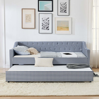Daybed,Upholstered Convertible Daybed with Tufted Button Backrest, 3‑in‑1 Versatile Sofa Bed with Pull‑Out Trundle & Side Storage,  for Compact Living