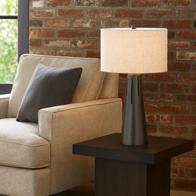 Lampe de table Tiy 30 pouces, abat-jour tambour blanc rigide, base en fer gris cône