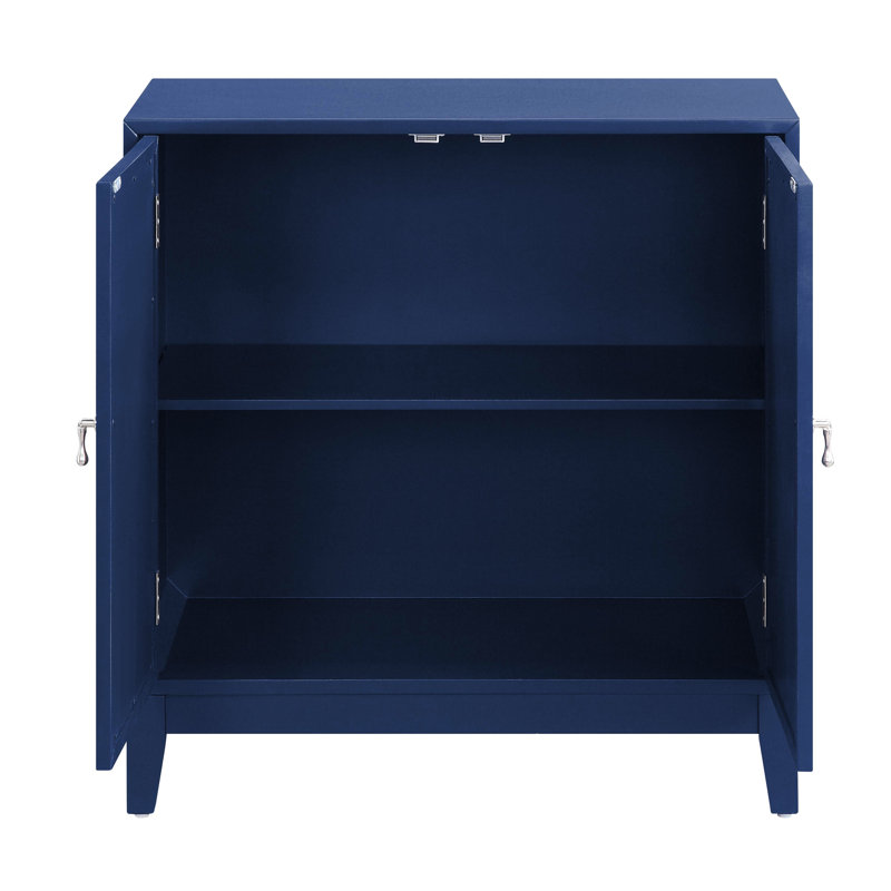 Console bleue - 2 portes de rangement, bois composite et miroir, plateau de table épais de 18 mm, table d'appoint rectangulaire avec prises magnétiques en bois de style tendance,