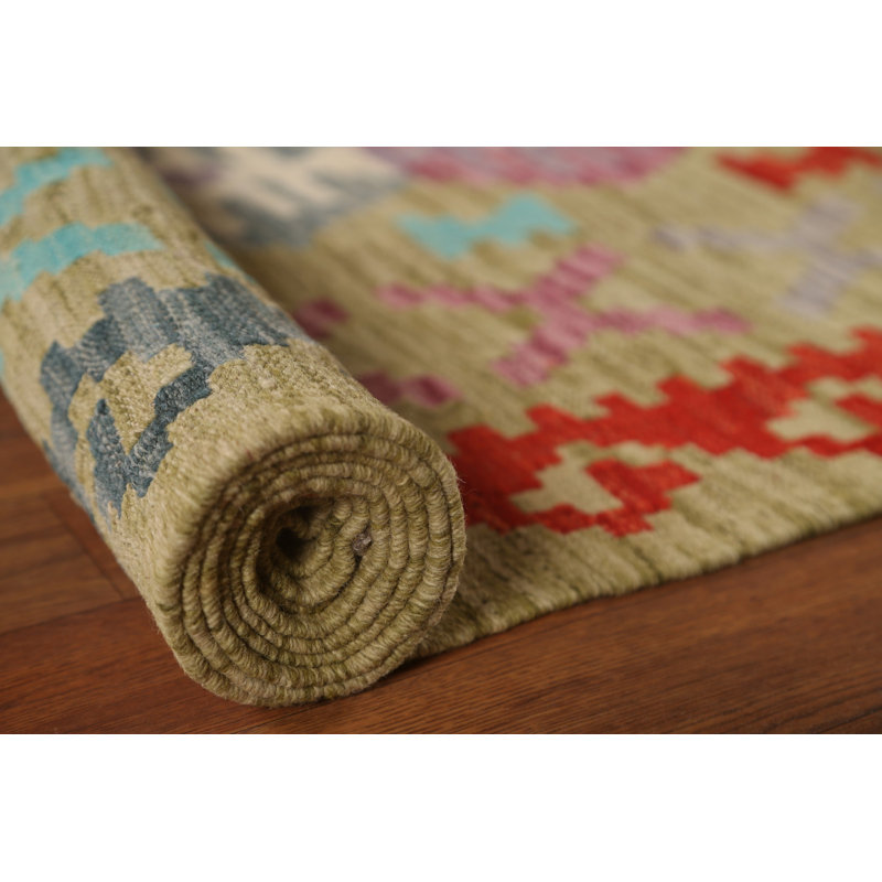 Tapis bleu / rouge / mauve à motif géométrique en laine tissé à plat à la main 6 pi 7 po x 9 pi 8 po