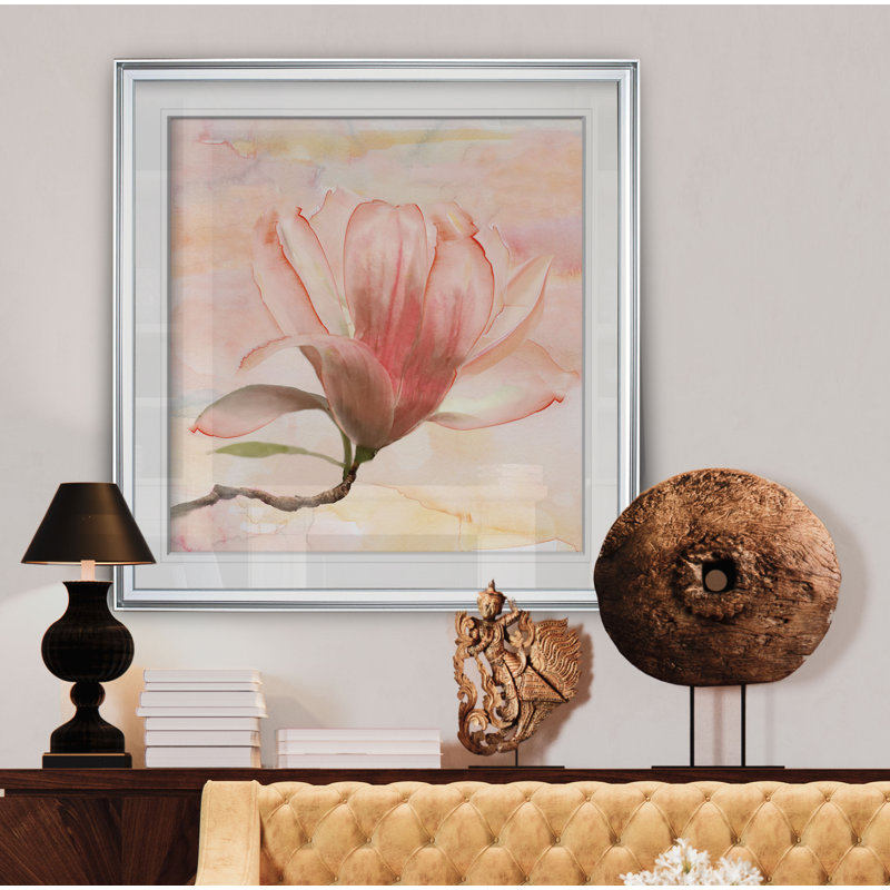 « rêvey magnolia i », peinture, H 16 po x l 16 po x P 2 po, Cadre argenté