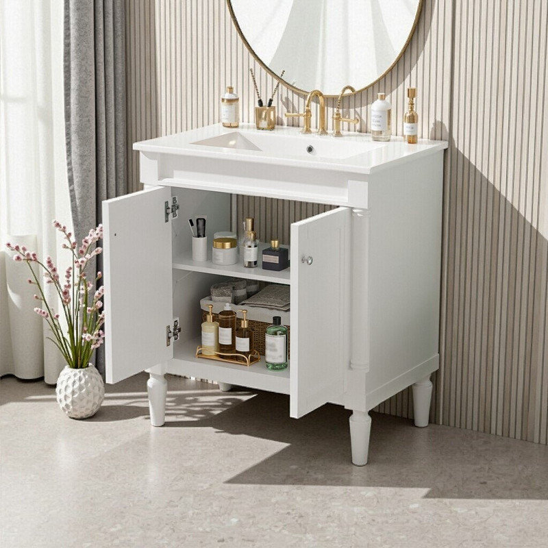 Meuble-lavabo de 30 pouces avec lavabo en céramique et portes à fermeture douce, Blanc