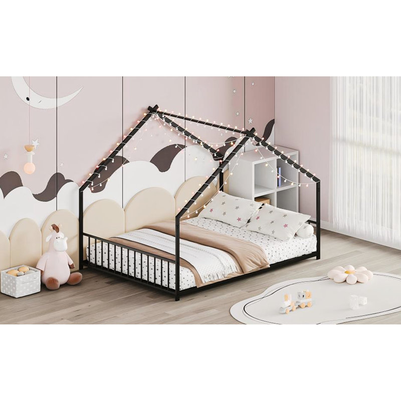Structure de lit double sur le toit en fer noir avec quatre lumières DEL de couleur, longueur de 78,5 po, largeur de 55,9 po, hauteur de 58,4 po, limite de poids de 350 lb, conception sécuritaire pour 58,4 po de couleur, charge, assemblage rapide