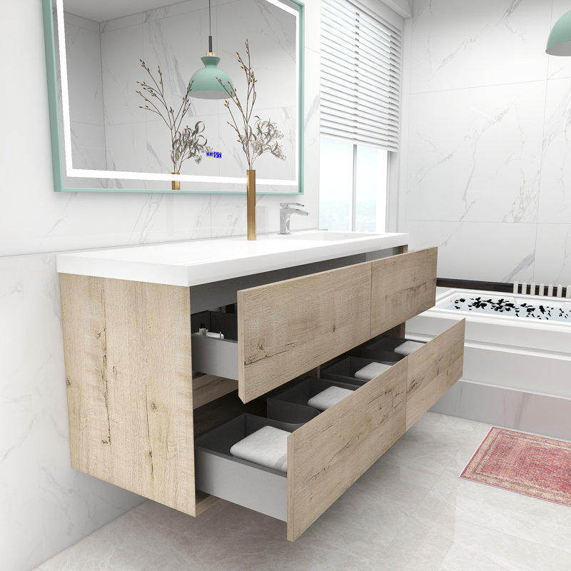 Moncear 59'' Single Bathroom Vanity with Acrylic Top, Light Oak