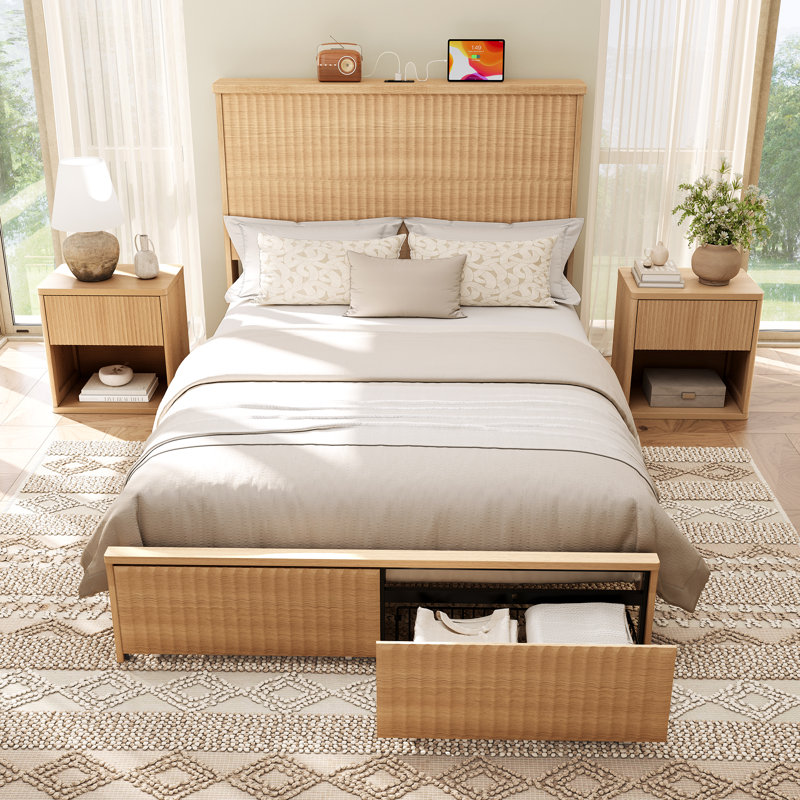 Retro Fluted Queen Bed With 55" Tall Headboard And Storage Drawers, Full