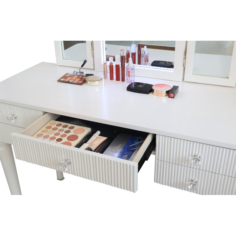 Ensemble de coiffeuse en miroir avec lumière DEL, ensemble de table de coiffeuse blanche pour chambre à coucher / salle de maquillage, bureau de travail, ensemble de meubles, maquillage de coiffeuse