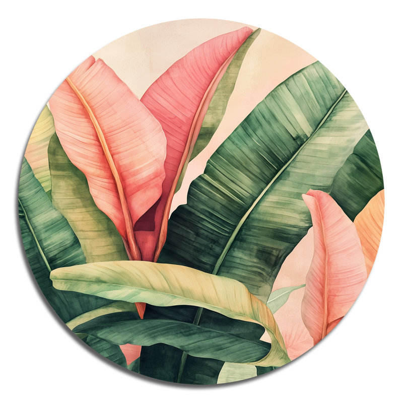 Jardin tropical de feuilles de bananier I - Décoration murale ronde en métal vert à thème botanique, H 16 po x l 16 po