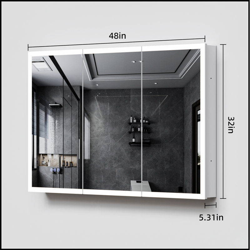 Armoire de salle de bain avec miroir à DEL et anti-buée, 3 températures de couleur, encastrée ou murale, tablettes réglables