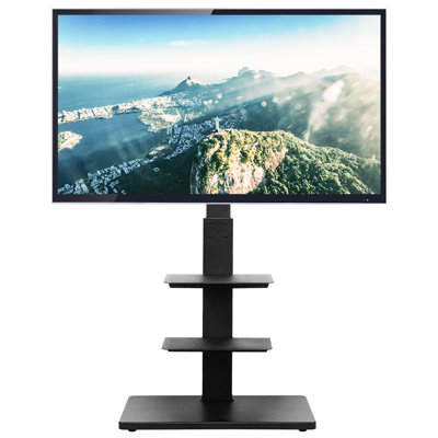 Support de plancher pivotant noir pour écrans de plus de 50 po avec tablettes, pouvant supporter jusqu'à 110 lb