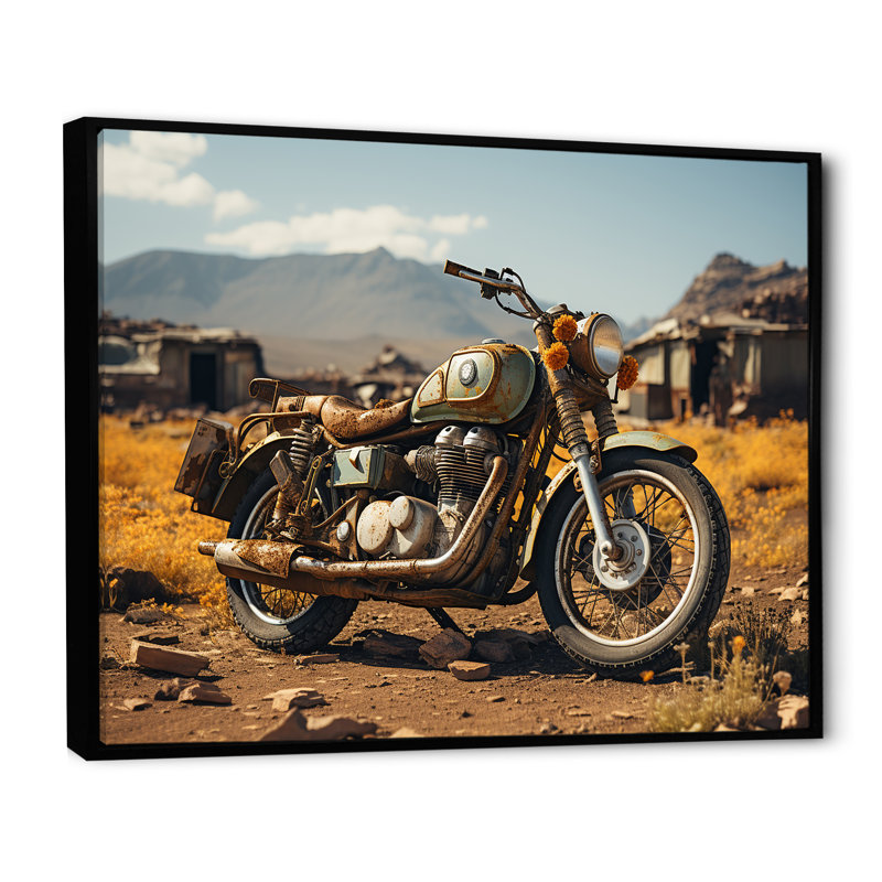 Rustic Adventure - Moto - Décoration murale moto, Cadre flottant noir, H 34 po x l 44 po x P 1,5 po