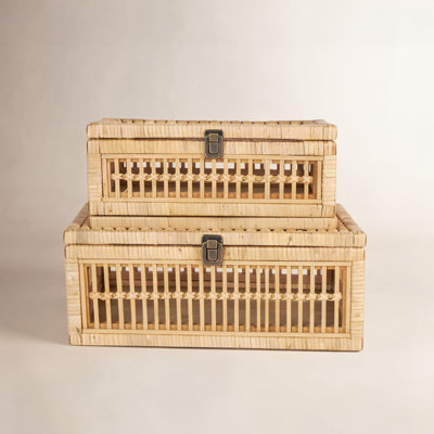 Avignon Rattan Handmade Woven Storage Decorative Box With Glass Top And Bronze Latches