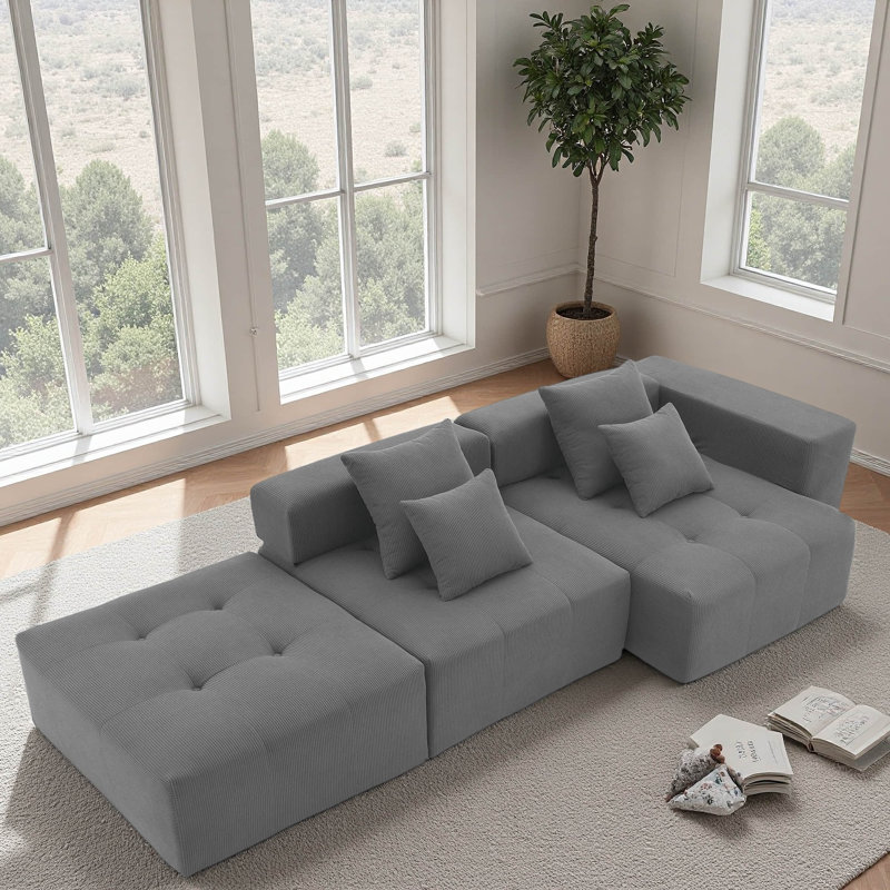 Canapé modulaire en forme de L 105,5 po Boneless, ensemble de canapé de plancher en velours côtelé minimaliste, canapé convertible en mousse compressée avec nuage pour le salon, combinaison gratuite de 3 PC, aucun assemblage requis