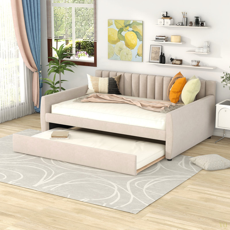 Full Size Upholstered Daybed With Trundle And Wood Slat Support
