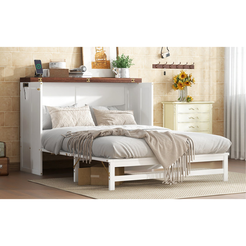 Armoire de lit double pleine grandeur en noyer blanc, station de charge, port et rangement pour nuitée, armoire en noyer avec tiroir