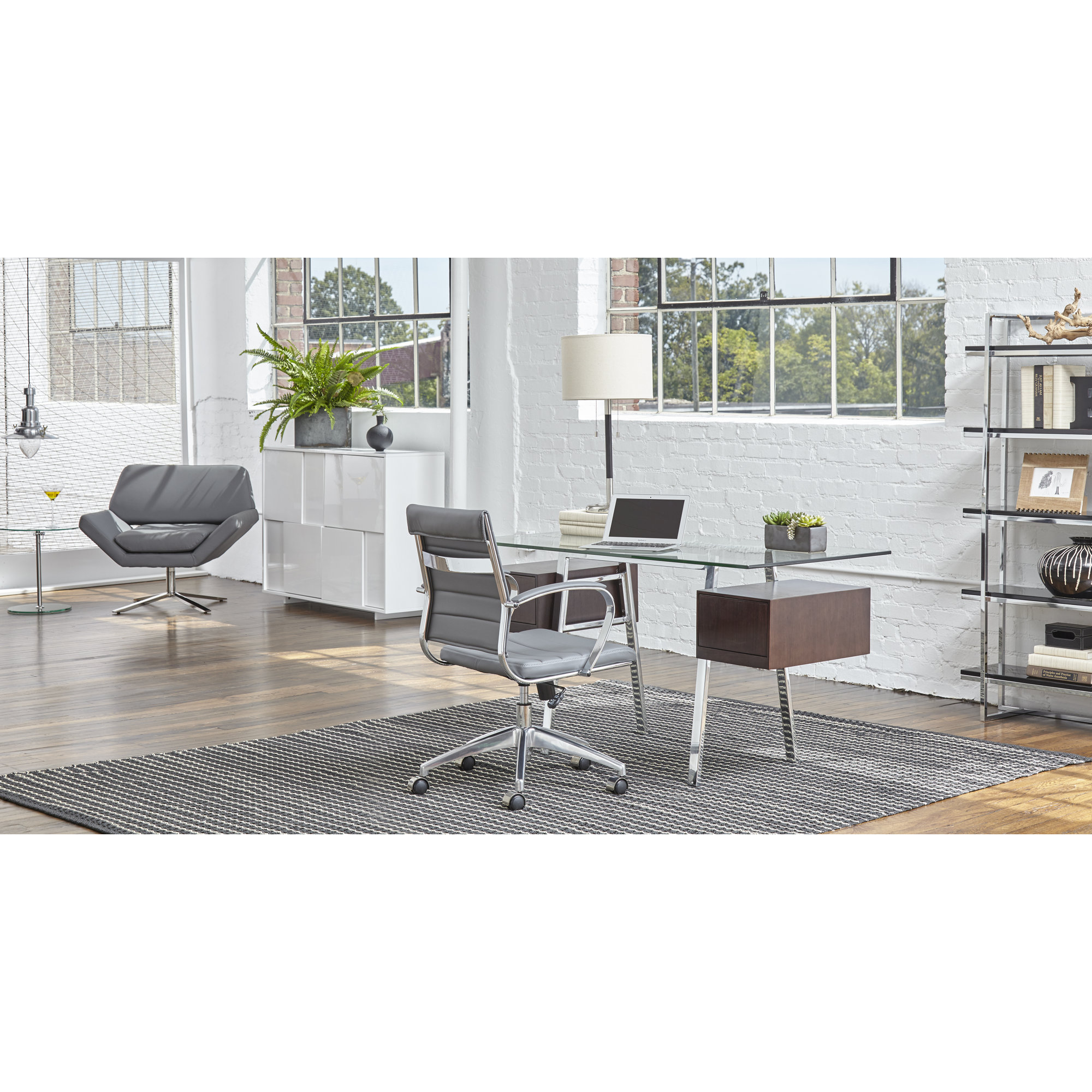 Rossie Swivel Office Chair, No, Gray Faux Leather