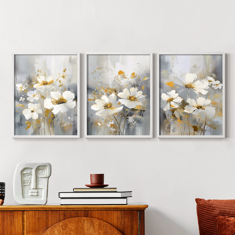 Série d'étude florale Cxxxvi -Set de 3 estampes numériques giclées -Prêt à, Cadre blanc, H 10 po x l 8 po