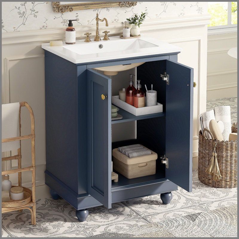 24 inch Modern Bathroom Vanity Cabinet, Simple & Elegant Design with Soft-Closing Storage, Adjustable Shelf, Bathroom Vanity with Ceramic Sink