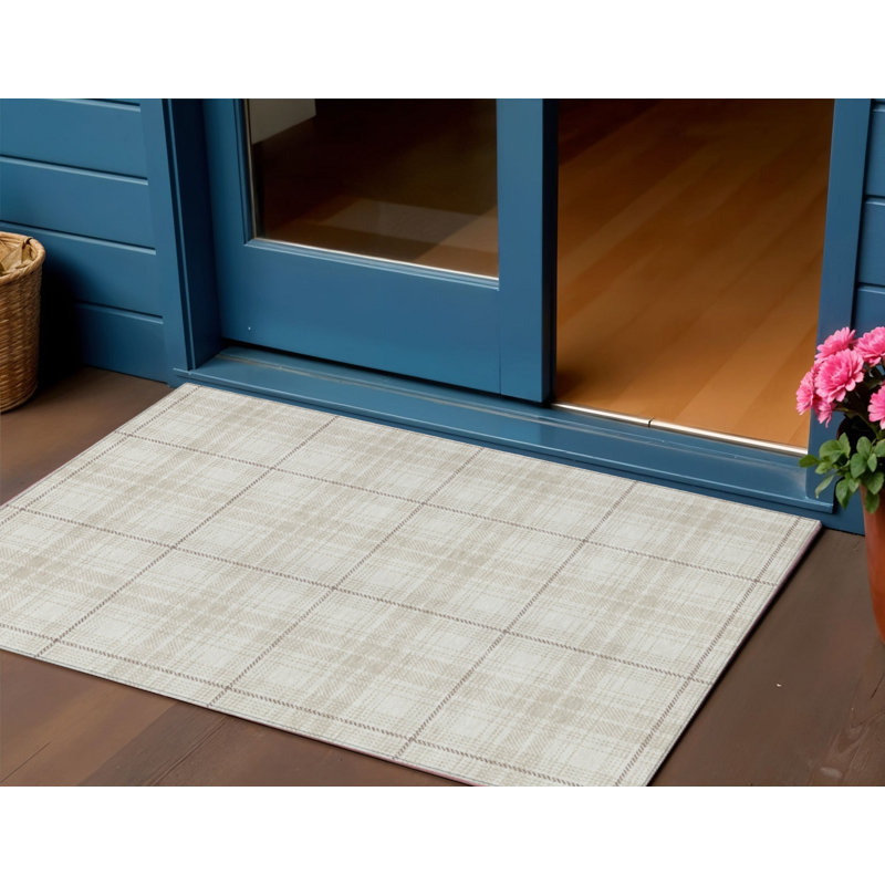 8' X 10' Ivory Beige And Brown Plaid Washable Indoor Outdoor Area Rug, Rectangle 3' X 5'