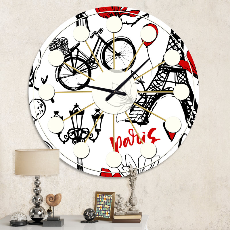 Horloge murale moderne Paris Eiffel Eiffel Hearts I - Mid-Century, Moyenne