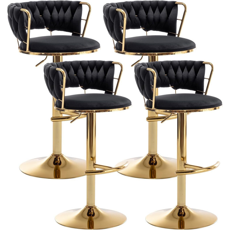 Swivel Bar Stools Set Of 4, Counter Height Bar Stools With Low Back, Velvet Adjustable Height Barstools, Gold Bar Stools For Kitchen Island, Pub