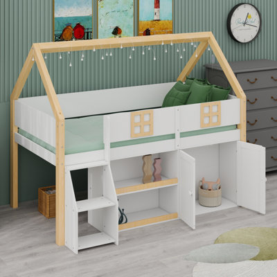 Lit mezzanine bas avec tablettes et armoires