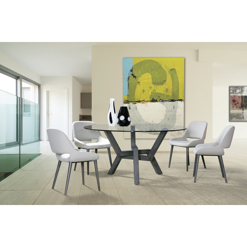 Kaira Round Glass Top Solid Wood Base Dining Table, Rockport