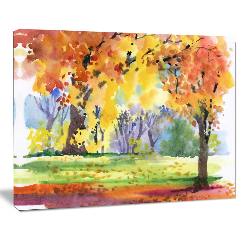 « automne park yellow trees », reproduction de peinture à l’aquarelle sur toile tendue, H 8 po x l 12 po x P 1 po