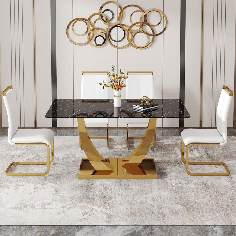 Modern Dining Table Set For 4,Rectangular Pedestal Dining Table With Chairs, Black, White