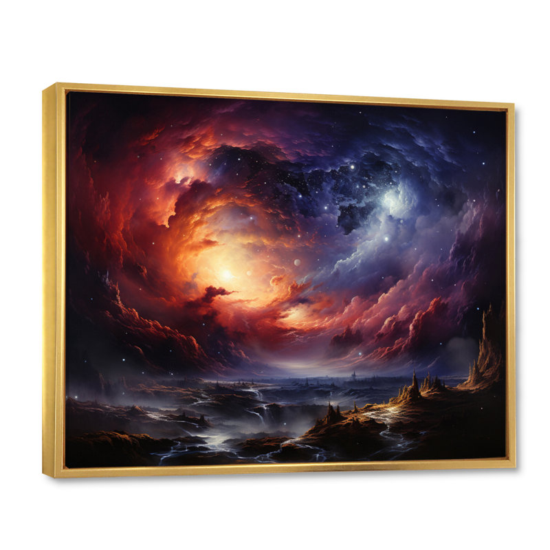 Rêves astronomiques oranges et mauves sur toile, H 12 po x l 20 po x P 1 po, Cadre flottant doré