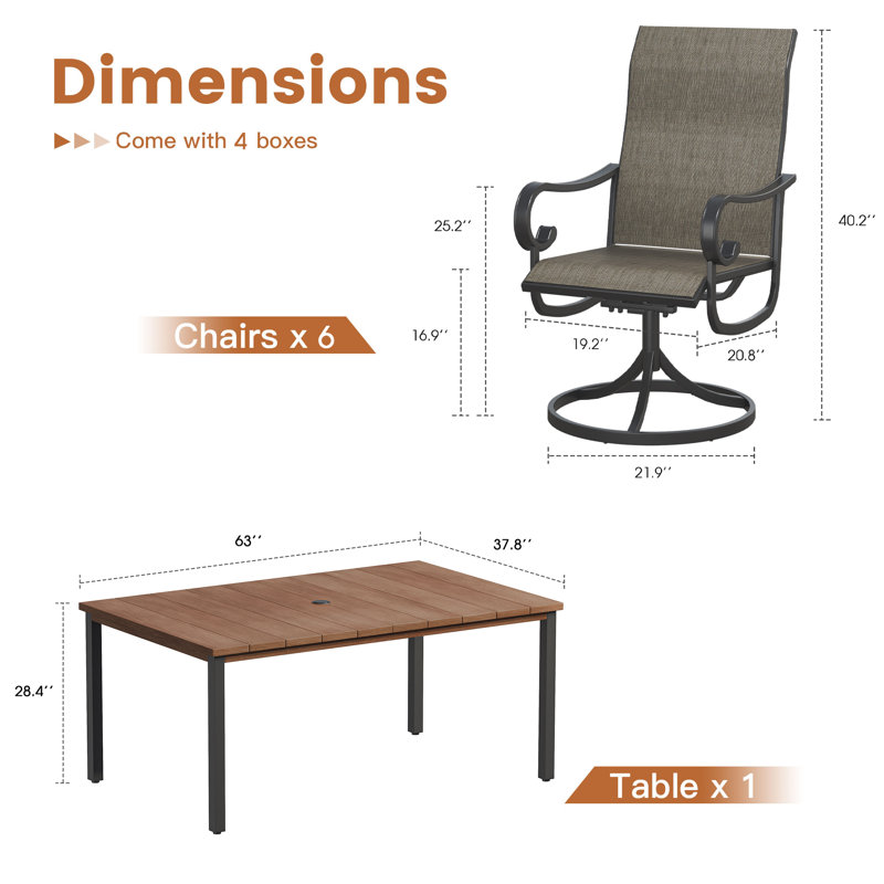 63''L x 37.8''W Outdoor Rectangular Table with 6 Swivel Chairs - Durable Patio Dining Set for Outdoor Entertaining