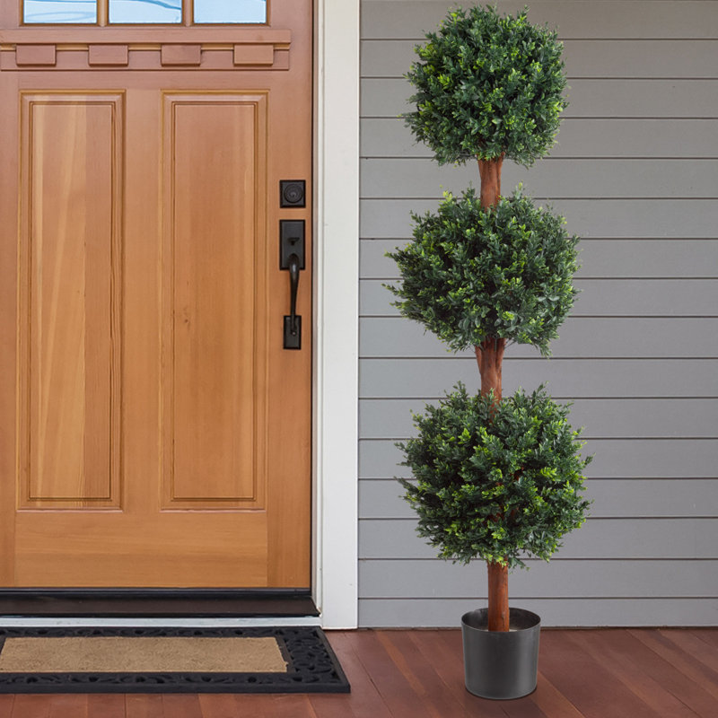 Brooklyn Pure Garden Artificial Tree - 5FT Faux Hedyotis Topiary Ball Plant in Weighted Pot - Fake Plants for Indoor Display or Front Porch Decorations