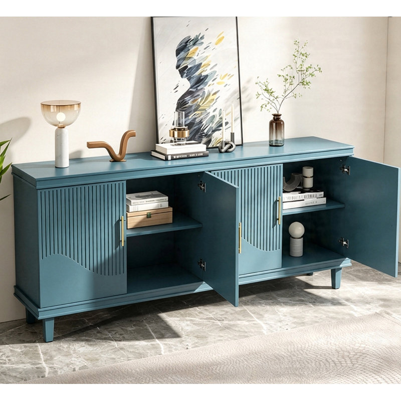 Minimalist Storage Cabinet with Solid Wood Legs, MDF Sideboard Buffet Cabinet with Double Storage Compartments & 3-Level Adjustable Shelves, 330 LBS Tabletop Load Capacity for Living Room Kitchen Entryway