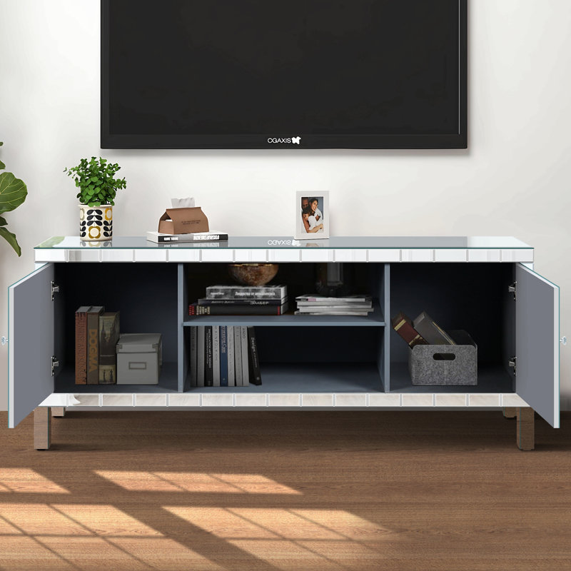 Console multimédia 47 po avec portes en verre Diamond, porte à deux portes et espace de rangement ouvert, compatible avec les téléviseurs de 50 po