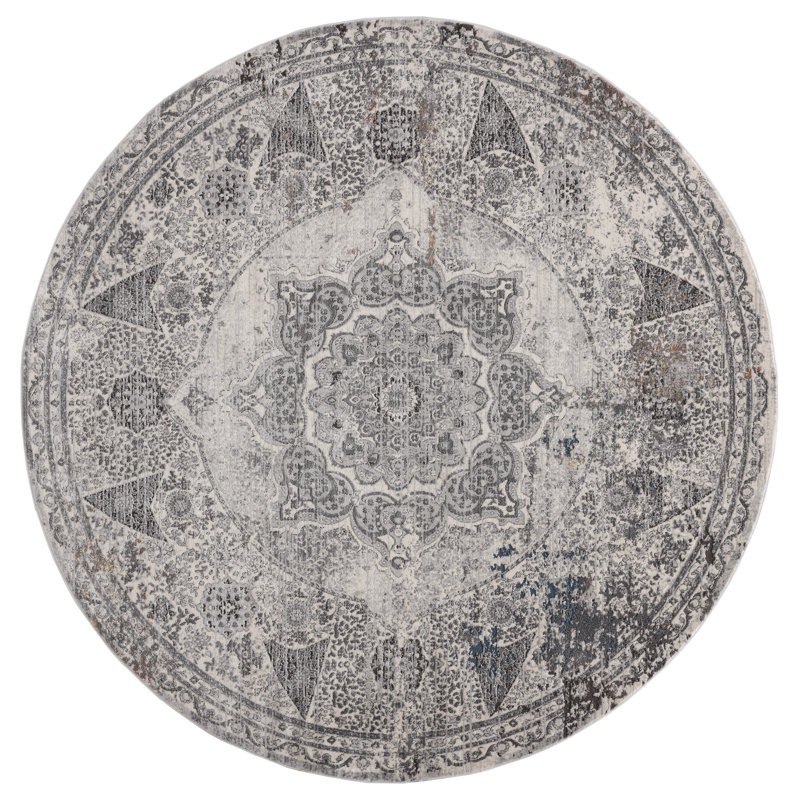Tapis oriental ivoire / bleu, Rond 7 pi 10 po