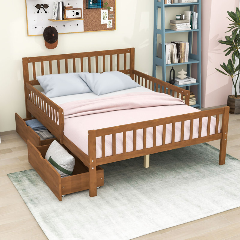 Lit plateforme en bois avec tête de lit, garde-corps et tiroirs de rangement Idahlia, Double, Noyer