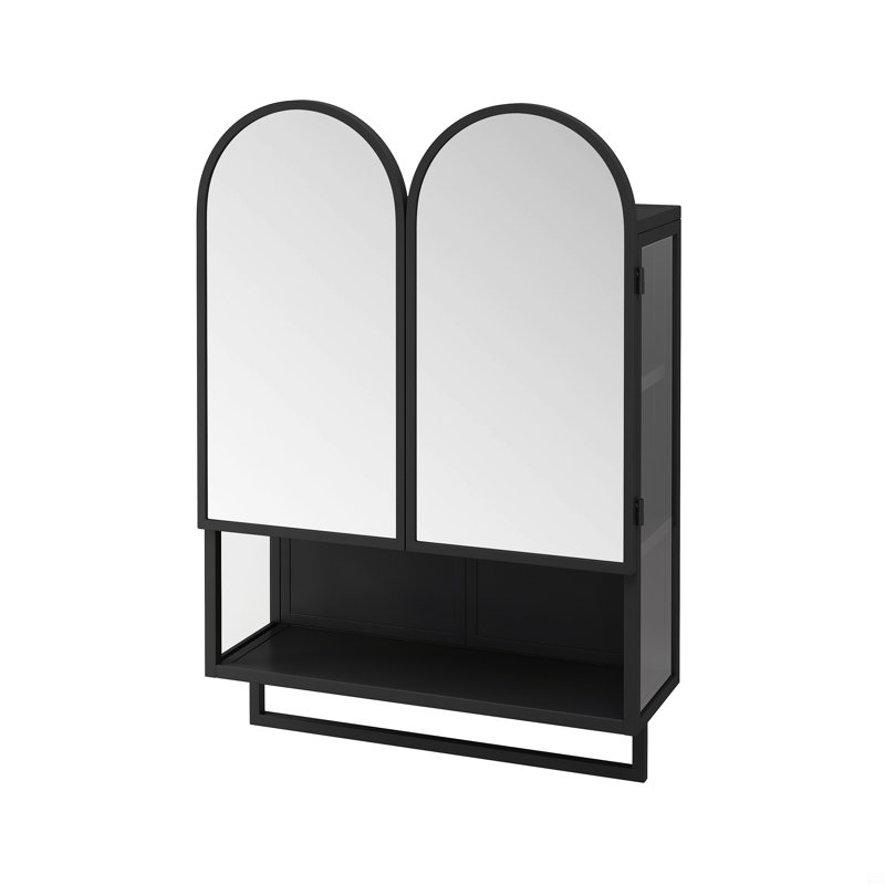 Armoire à miroir à double arche 23,62 po, armoire à pharmacie 2 portes, armoire murale en métal avec tablette ouverte et porte-serviettes