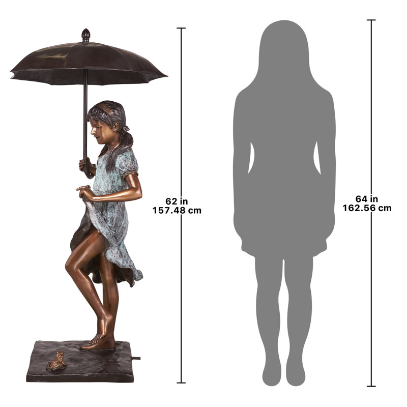 Bronze Dancing Umbrella Girl Garden Statue with Patina Finish