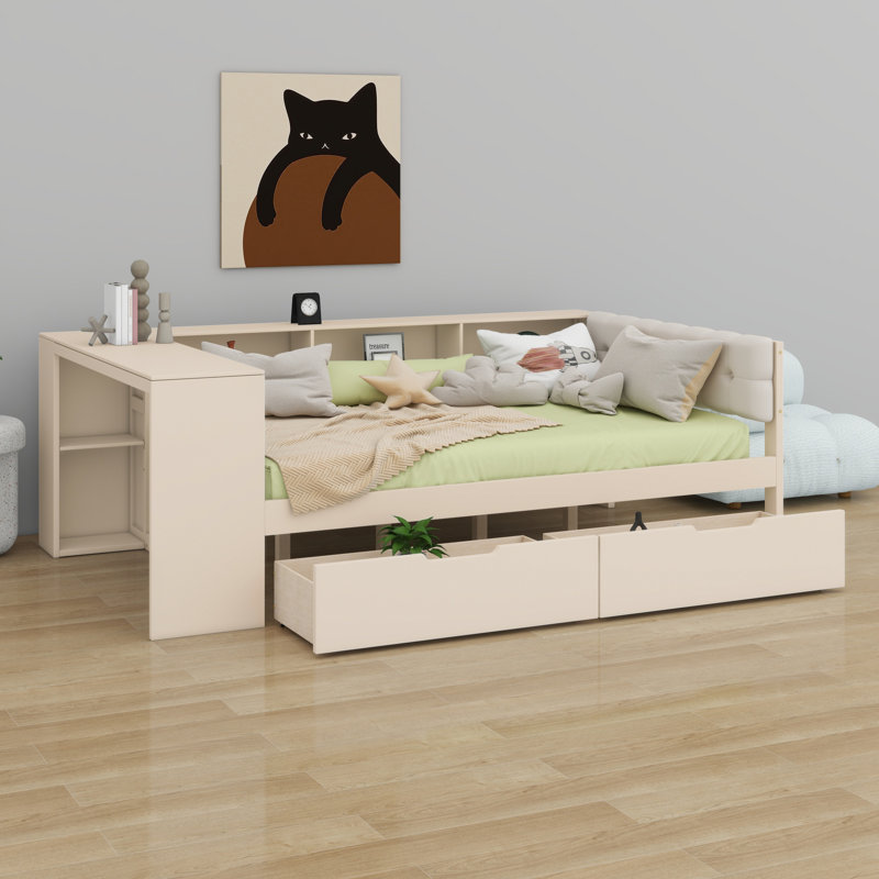 Lit plateforme avec tablettes de rangement, tiroirs, station de charge et tête de lit tapissier, Lit double, Crème, crème