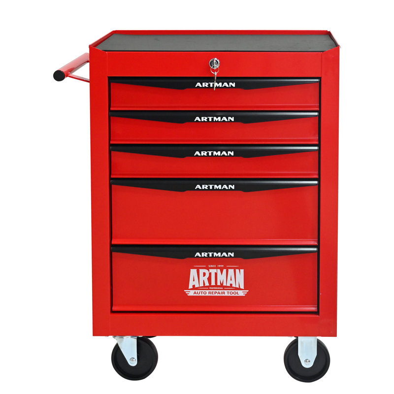 Coffre à outils roulant en métal avec 5 tiroirs, armoire à outils à 5 tiroirs de 20 po avec glissières à roulement à billes, coffre à outils en acier - rouge et noir