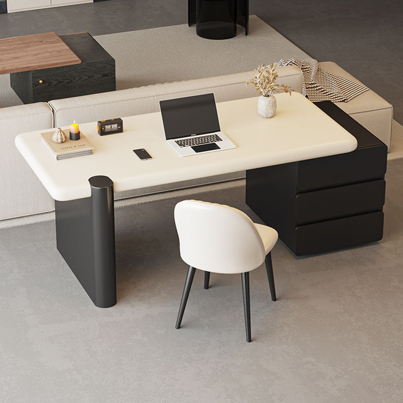 Bureau blanc et noir en bois manufacturé rectangulaire + fer avec 3 tiroirs, H 29,53 po x l 62,99 po x P 23,62 po