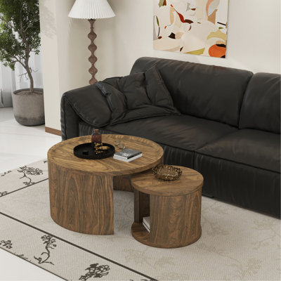 Ensemble de 2 tables basses rondes gigognes rondes, petite table d'appoint empilable de 18,5 po avec plateau en bois et petite table centrale minimaliste pour le salon et la chambre à coucher