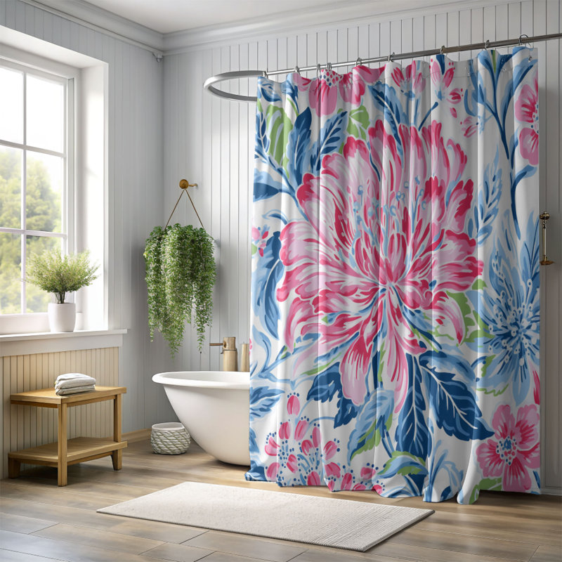 Rideau de douche standard 1 pièce Preppy Pastel Florals, H 74 po x l 71 po, Blue Pink