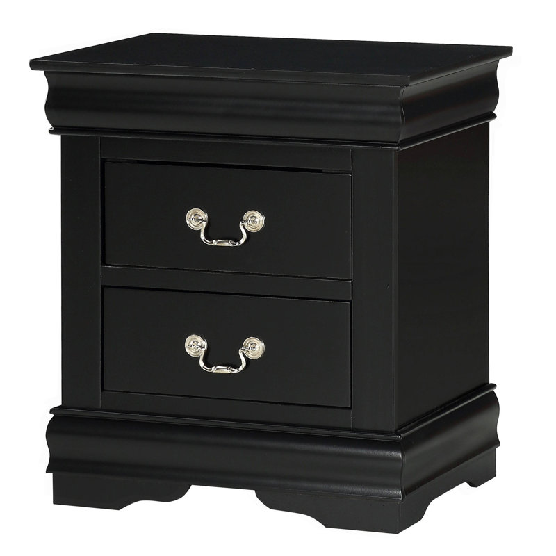Table de chevet Louis Philip en bois massif, fini noir, deux tiroirs, style contemporain et épuré., Noir